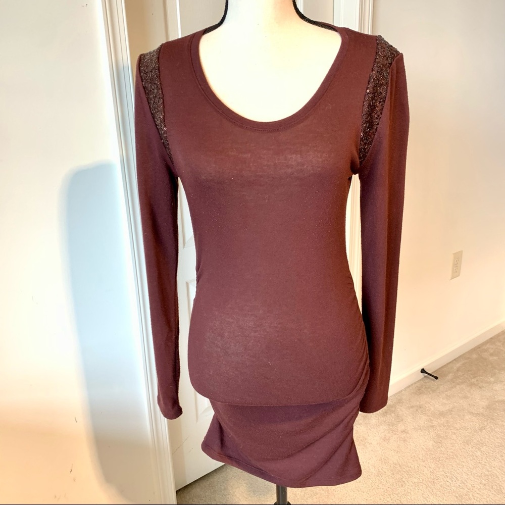 ANN TAYLOR Burgundy Sequin Shoulder Ruched Lightweight Sweater/Dress—SZ.…